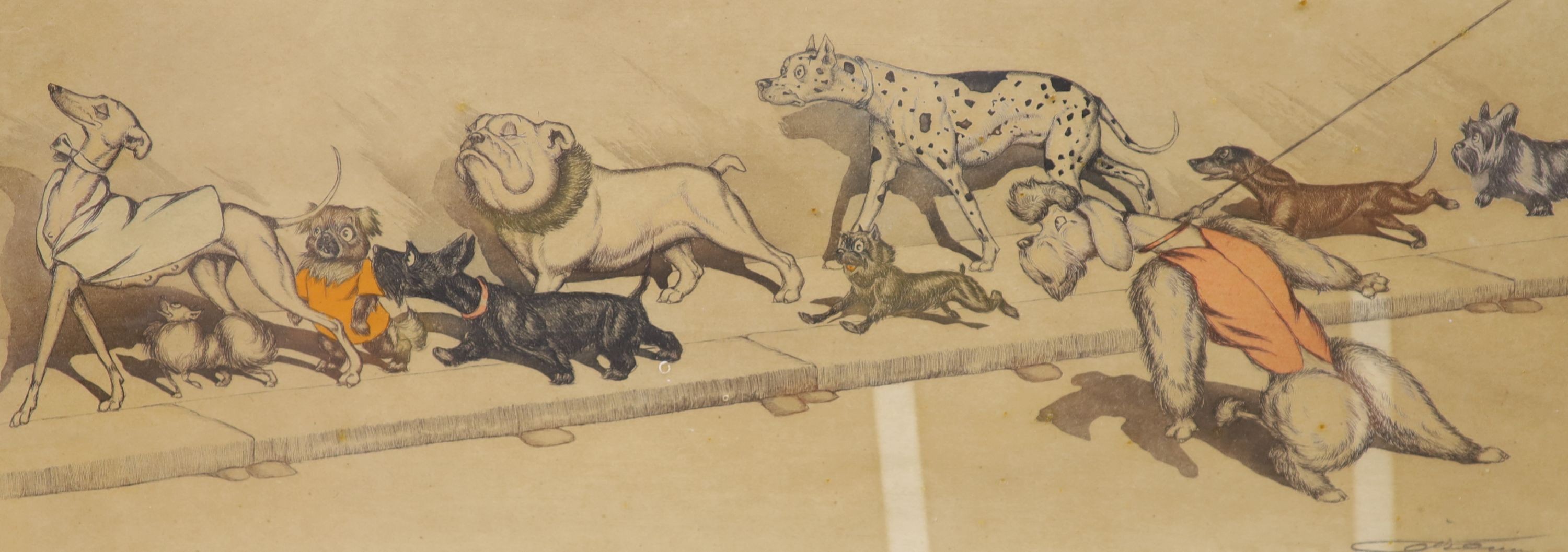 Boris Klein (1893-1985), a set of four dog themed etchings, signed in pencil, 17 x 43cm.